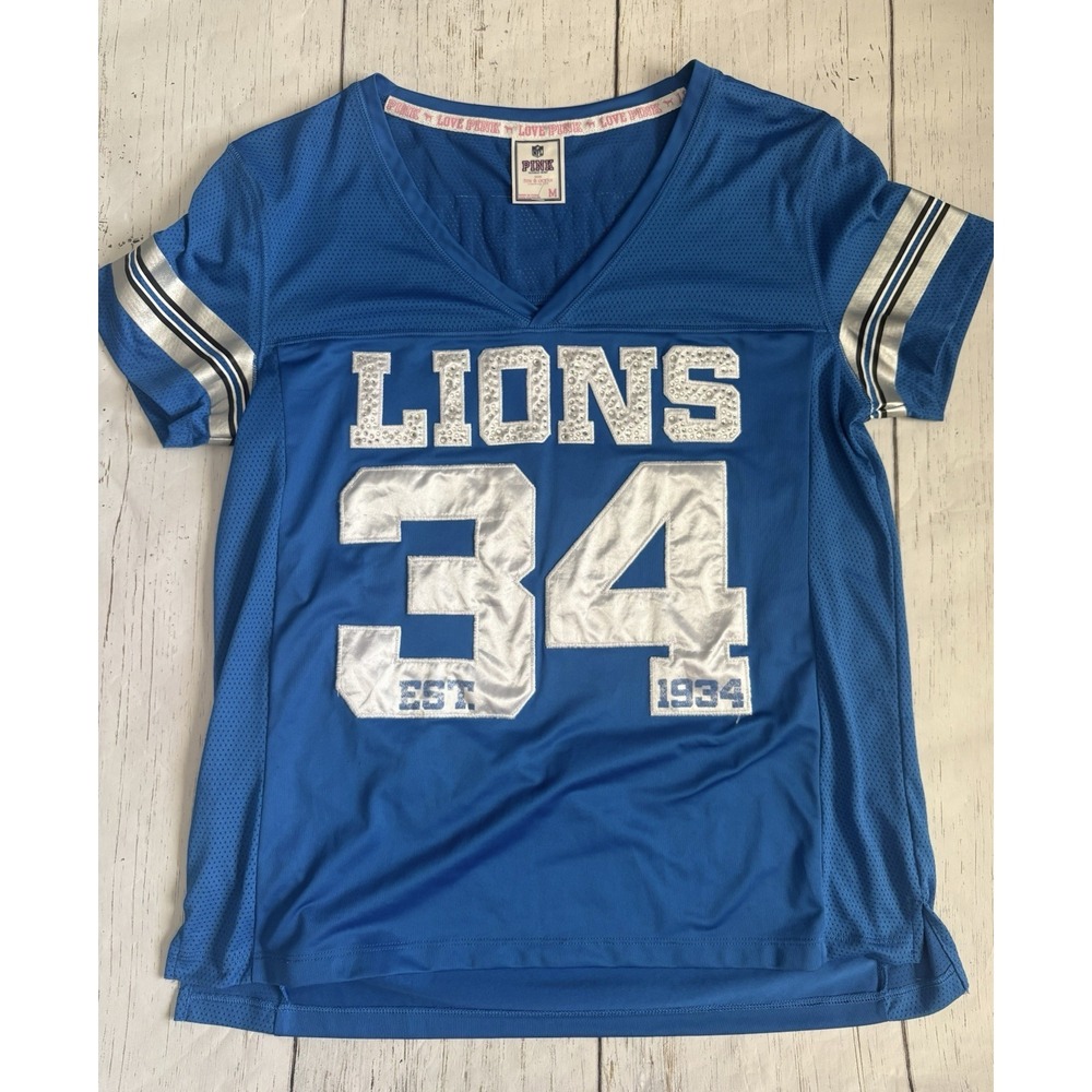 Victoria's Secret Pink Detroit lions sequin jersey Tshirt Blue sequins  Size M